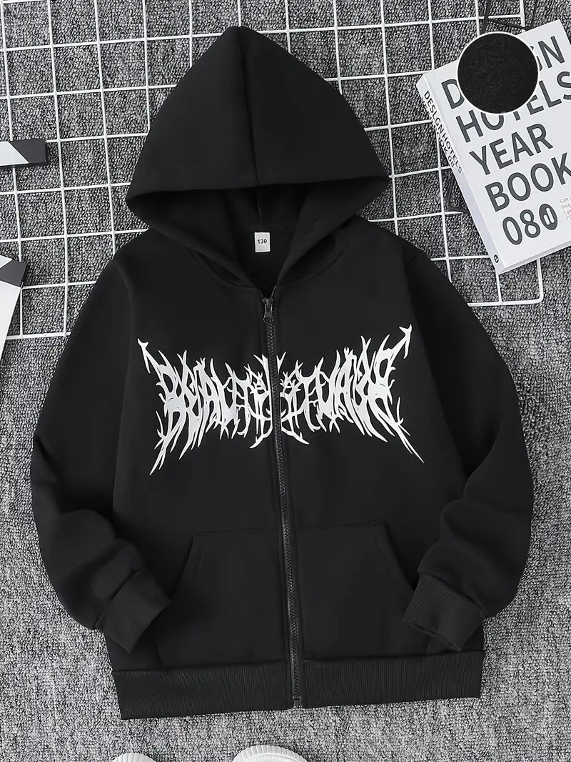Siyah Unisex Oversize Grafiti Harfler Baskılı Fermuarlı Hırka