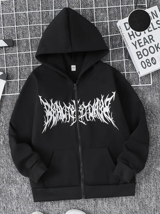 Siyah Unisex Oversize Grafiti Harfler Baskılı Fermuarlı Hırka