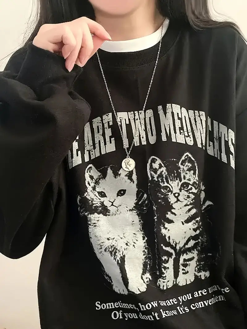 Siyah Unisex Oversize Kedi Grafikli Sweatshirt