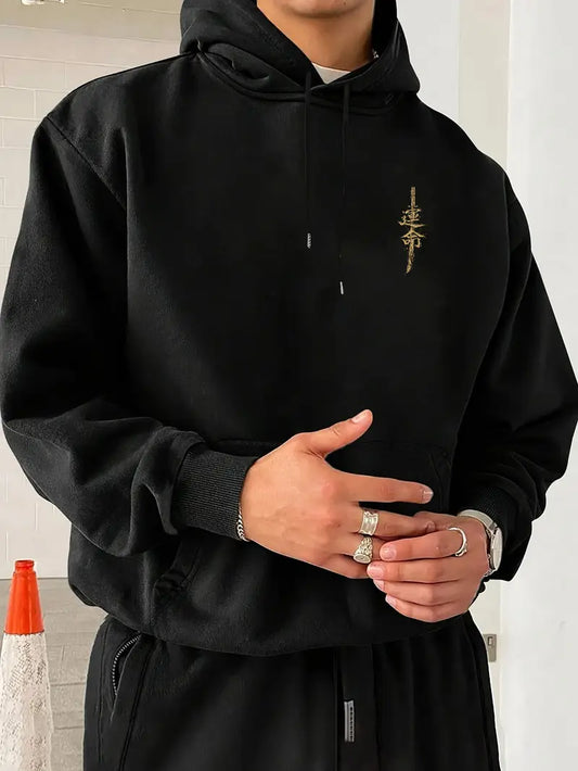 Düz Siyah Unisex Oversize Katana Baskılı Sweatshirt