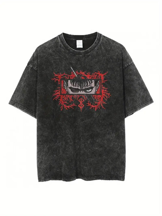 Berserk Yıkanmış Siyah Yuvarlak Yaka T-shirt