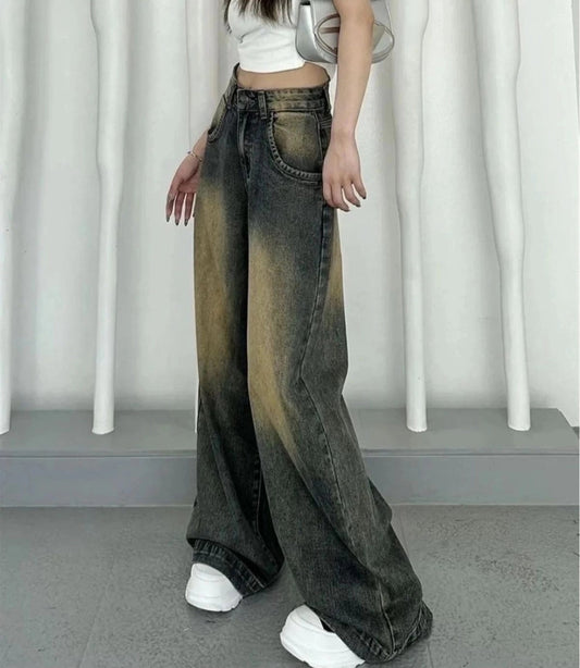 Y2k Baggy Yıkamalı Renk Desenli Geniş Paça Jean Pantolon