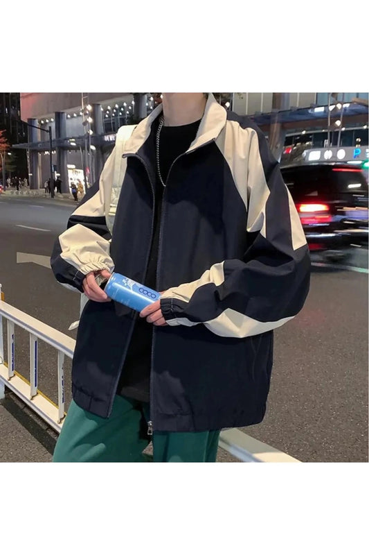 Krem Şerit Detaylı Retro Paraşüt Kumaş Unisex Oversize Mevsimlik Ceket