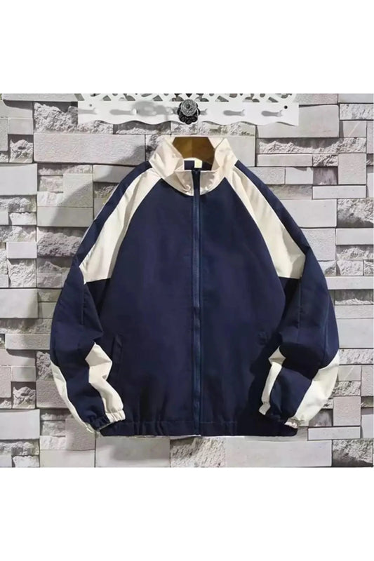 Krem Şerit Detaylı Retro Paraşüt Kumaş Unisex Oversize Mevsimlik Ceket