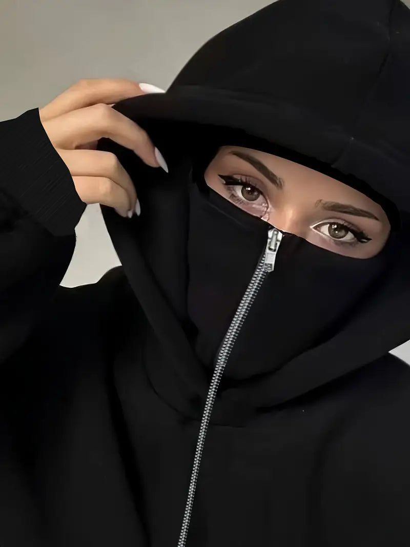 Düz Siyah Unisex Oversize Flamme Maskeli Hırka