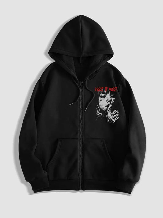 Siyah Unisex Oversize Keep It Quiet Fermuarlı Hırka