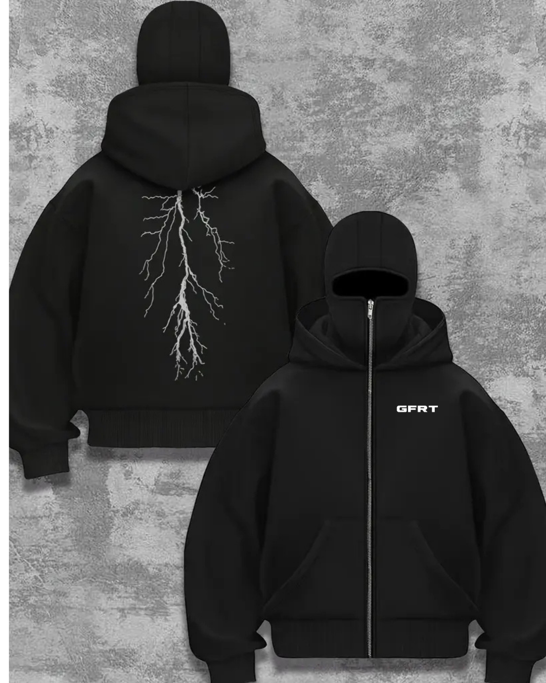 Düz Siyah Unisex Oversize Şimşek Desenli Maskeli Hırka