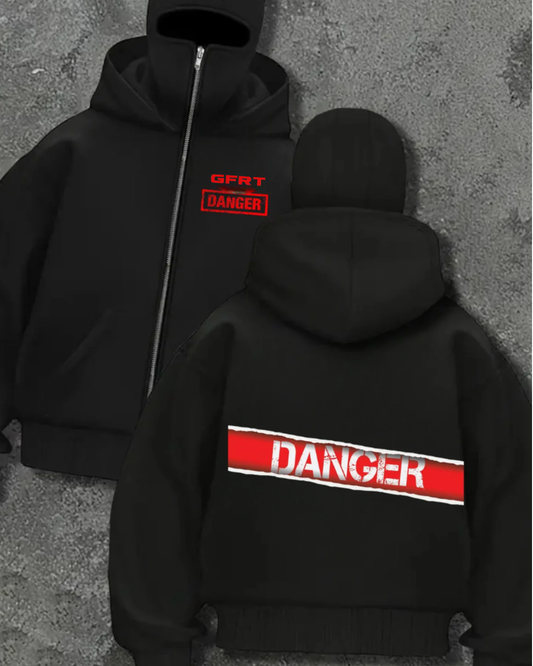 Düz Siyah Unisex Oversize Danger Maskeli Hırka