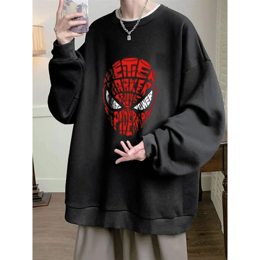 Spider-Man Head Baskılı Siyah Unisex Oversize Bisiklet Yaka Sweatshirt