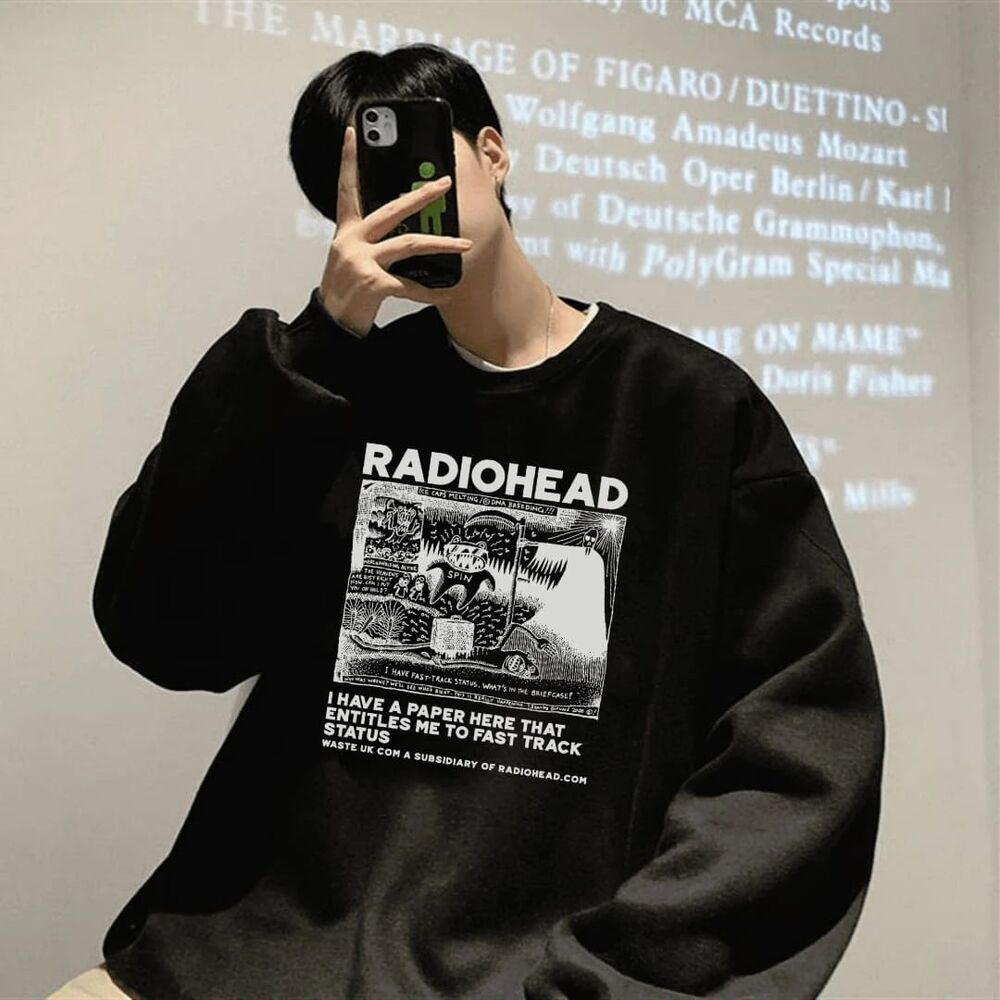 Radiohead Baskılı Siyah Unisex Oversize Bisiklet Yaka Sweatshirt