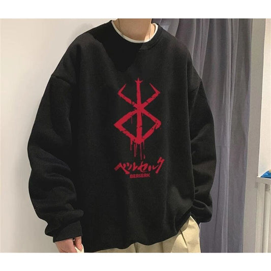 Berserk Logo Baskılı Siyah Unisex Oversize Bisiklet Yaka Sweatshirt