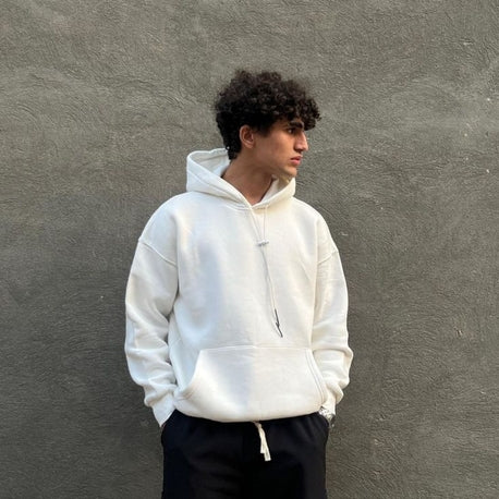 Düz Beyaz Unisex Oversize Kapüşonlu Hoodie
