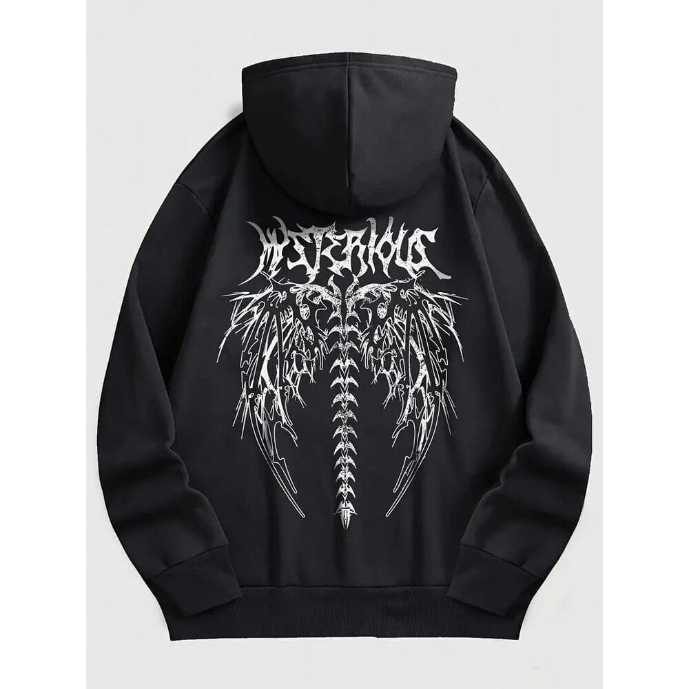 Kanat Baskılı Siyah Unisex Oversize Hoodie