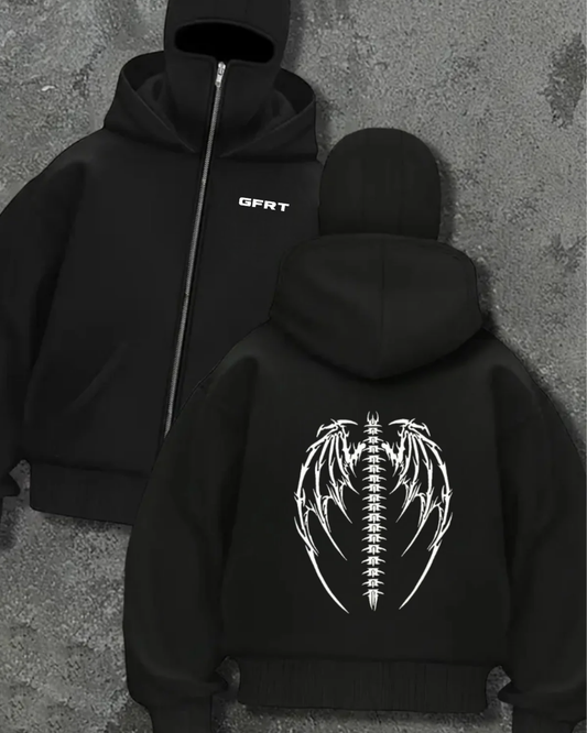 Düz Siyah Unisex Oversize Kanguru Maskeli Hırka