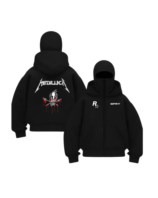 Düz Siyah Unisex Oversize Metallica Maskeli Hırka