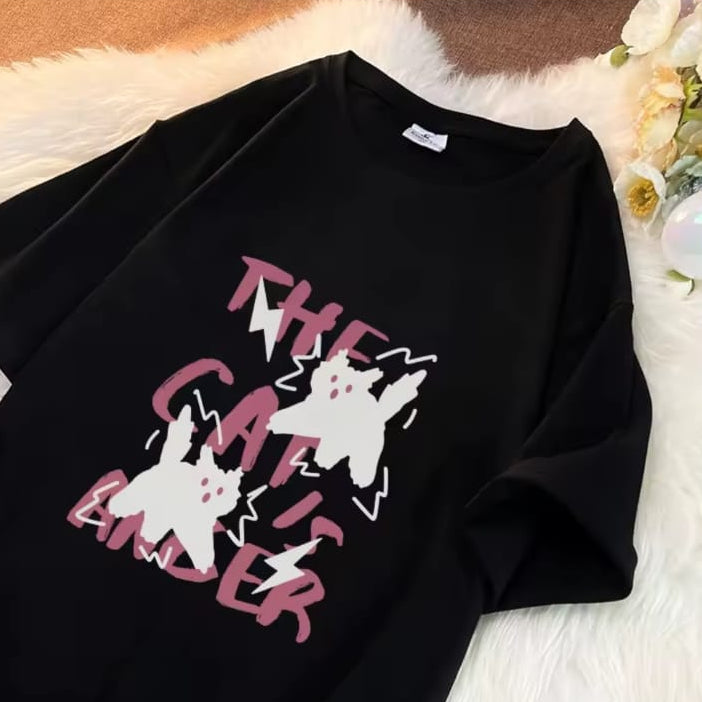 Gofret Wear Cat Cat Siyah Oversize Unisex T-Shirt