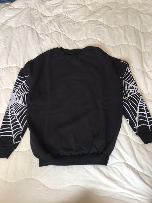 Spider Kol Düz Siyah Oversize Sweatshirt