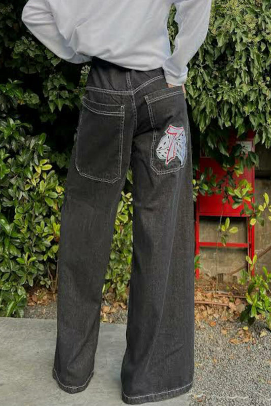 Oversize Grafiti Detaylı Unisex Jean Pantolon Gri