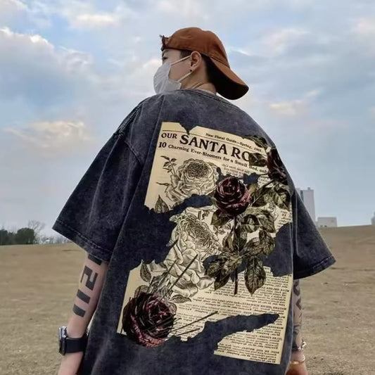 Gofret Wear Sırt Çiçek Tasarımlı Yıkamalı Oversize T-shirt