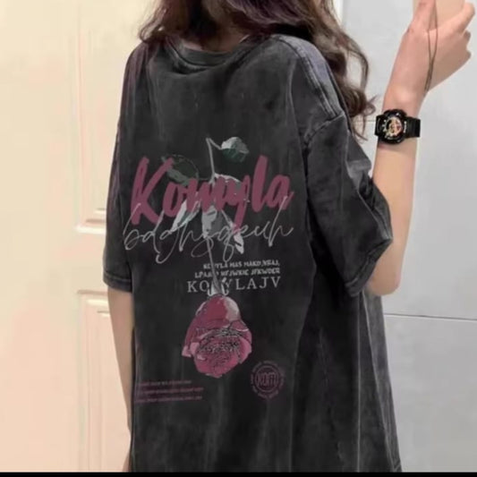 Gofret Wear Gül Tasarımlı New Yıkamalı Oversize T-shirt