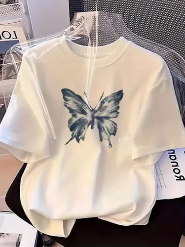 Gofret Wear Blue Butterfly Beyaz Unisex Oversize T-shirt