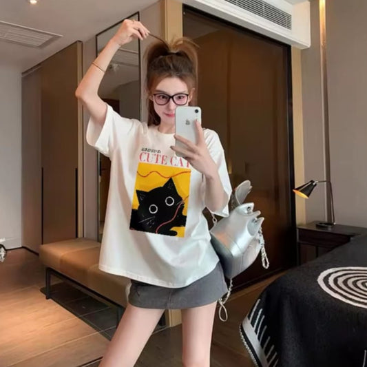 Gofret Wear Cute Cat Beyaz Unisex Oversize T-shirt