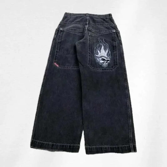 Oversize Grafiti Detaylı Unisex Jean Pantolon Füme