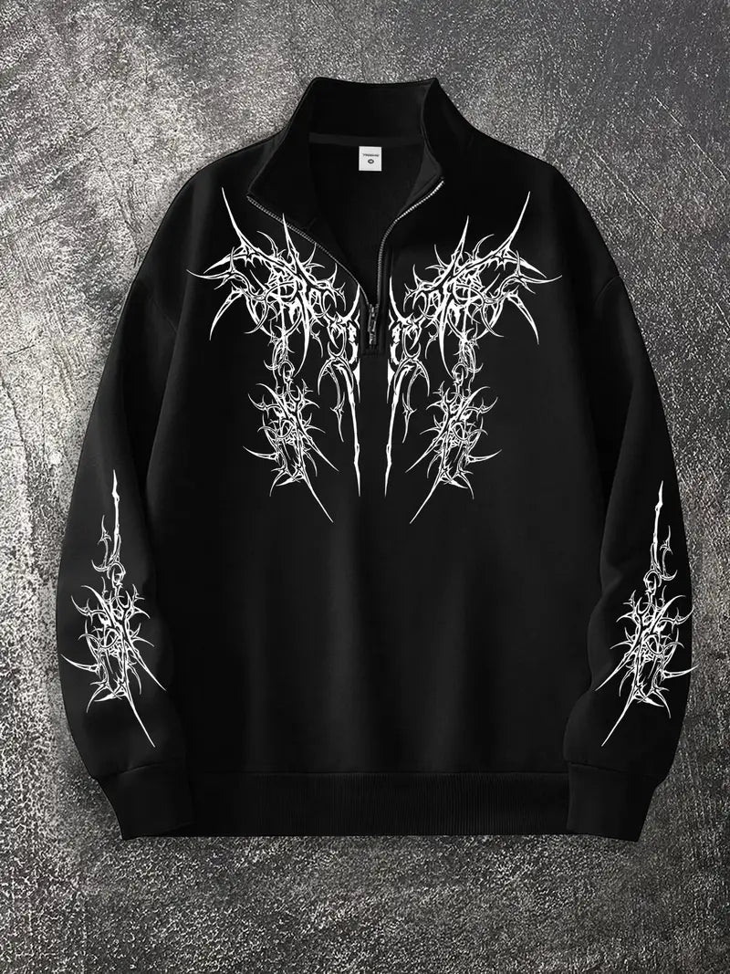 Siyah Unisex Oversize Geometrik Stil Fermuarlı Sweatshirt