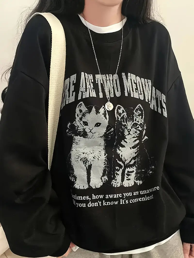Siyah Unisex Oversize Kedi Grafikli Sweatshirt