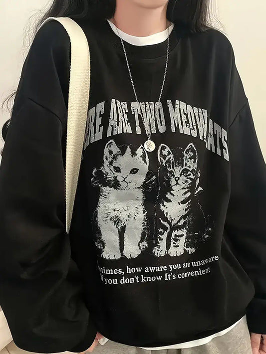 Siyah Unisex Oversize Kedi Grafikli Sweatshirt