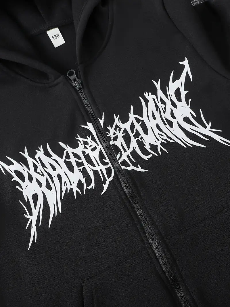 Siyah Unisex Oversize Grafiti Harfler Baskılı Fermuarlı Hırka