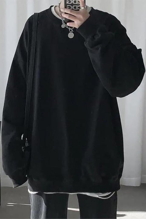 Düz Siyah Oversize 3 İplik Sweatshirt