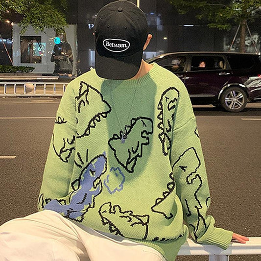 Yeşil Yarım Oversize Unisex Dinazor Kazak