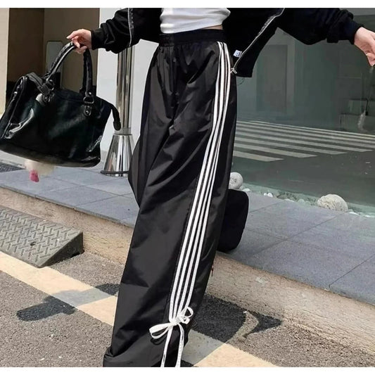 Kurdele Detay Çizgili Şeritli Unisex Oversize Eşofman Altı