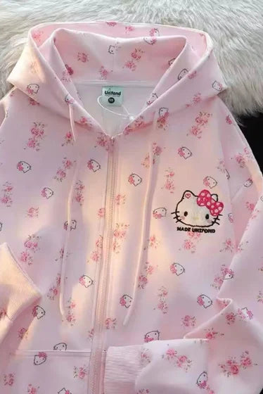 Pembe Anime Kawaii Hello Kitty Detail Kapüşonlu Hırka (