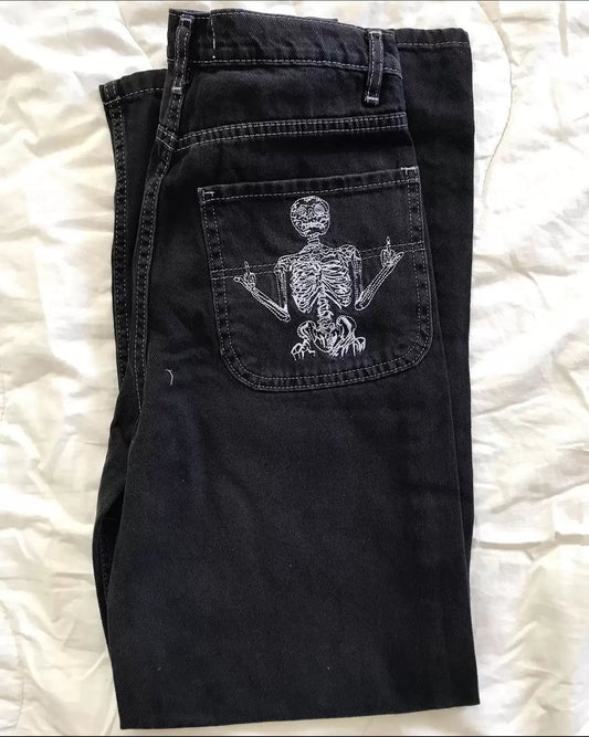Siyah Nakışlı Skeleton Heaven Can Wait Streetwear Jean Pantolon