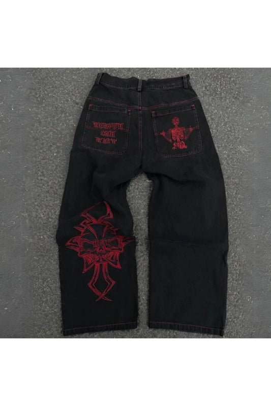 Siyah Skeleton Heaven Can Wait Streetwear Gri Double Fire Skull Streetwear Yıkamalı Jean Pantolon