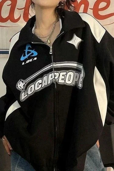 Siyah Unisex Y2K Streetwear Locapeople Şardonlu Fermuarlı Hırka
