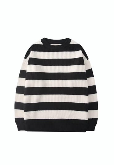 Streetwear Casual Siyah Beyaz Çizgili Oversize Unisex Triko Kazak