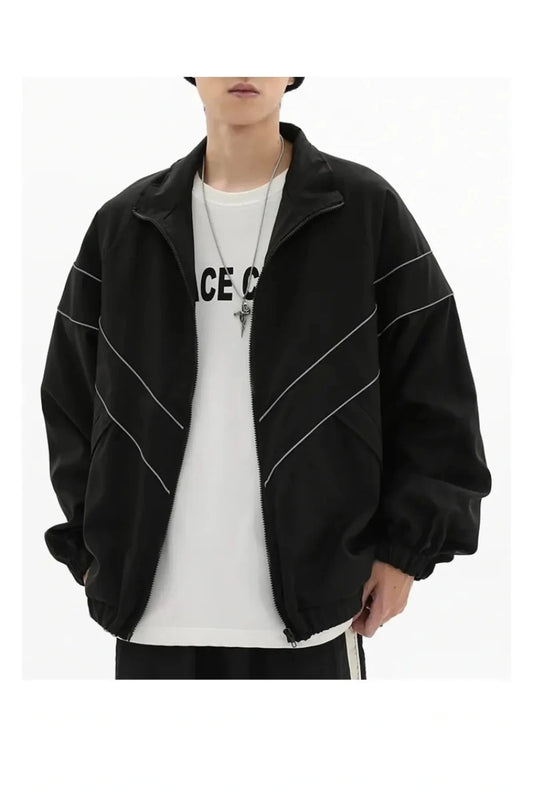 Vintage Siyah Baggy Paraşüt Kumaş Zip Detay Kolej Ceket