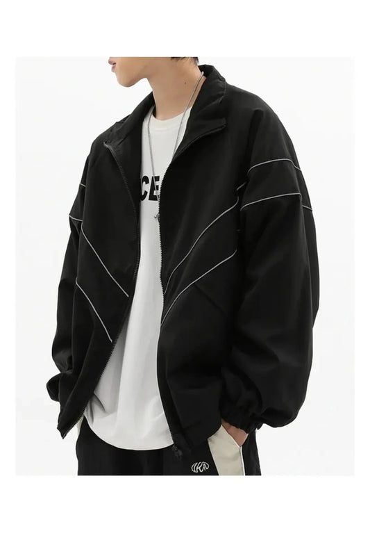 Vintage Siyah Baggy Paraşüt Kumaş Zip Detay Kolej Ceket