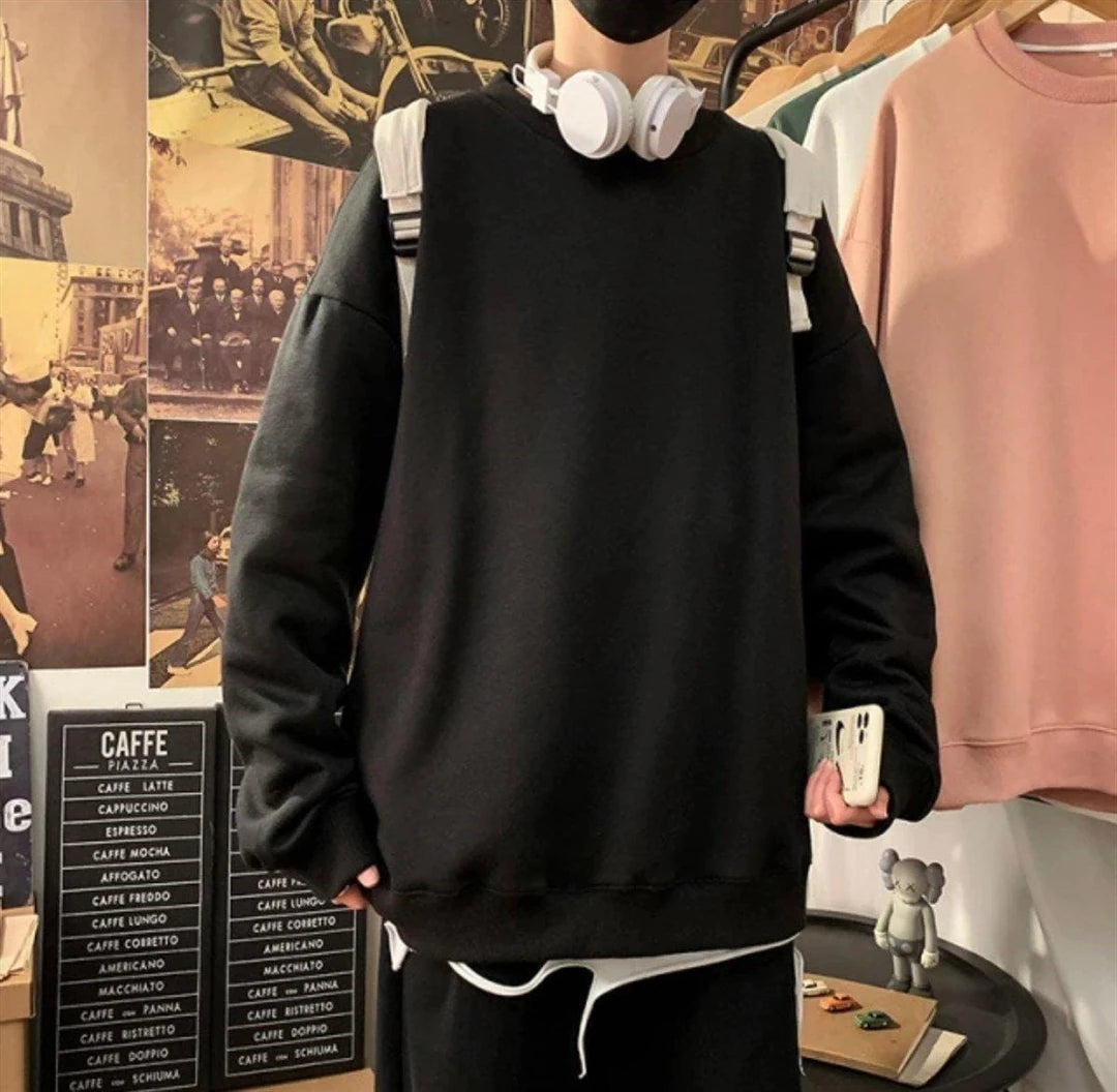 Düz Siyah Unisex Oversize Bisiklet Yaka Sweatshirt