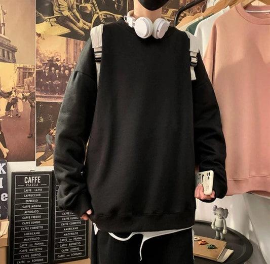 Düz Siyah Unisex Oversize Bisiklet Yaka Sweatshirt